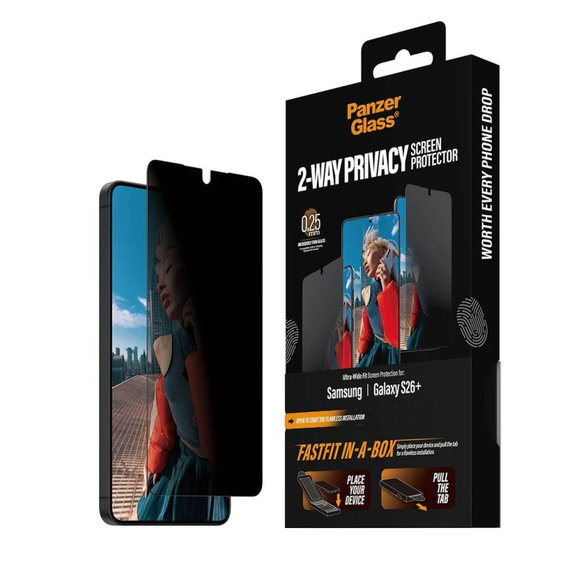 PanzerGlass - UWF 2-Way Privacy Panzerglas mit FASTFIT In-A-Box für Samsung Galaxy S26+, klar