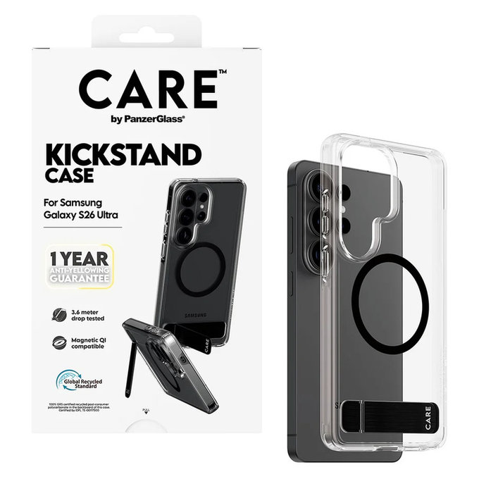 Hülle Kickstand mit schwarzem QI für Samsung Galaxy S26 Ultra, Transparent, PanzerGlass