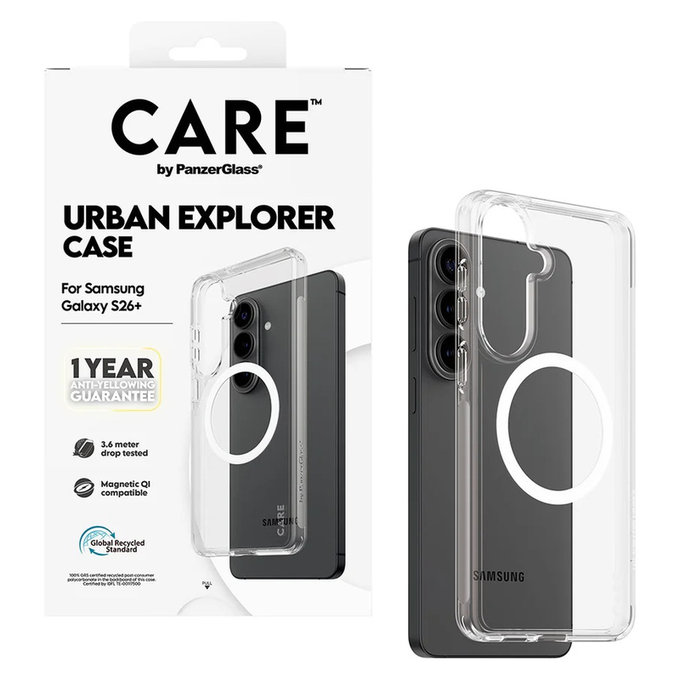Hülle Urban Explorer mit weißem QI für Samsung Galaxy S26+, Transparent, PanzerGlass