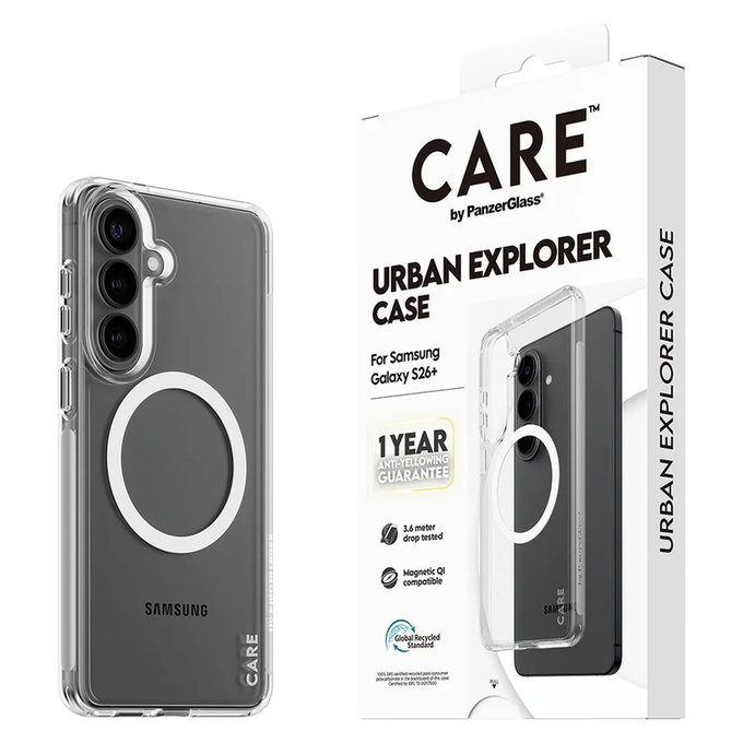 Hülle Urban Explorer mit weißem QI für Samsung Galaxy S26+, Transparent, PanzerGlass
