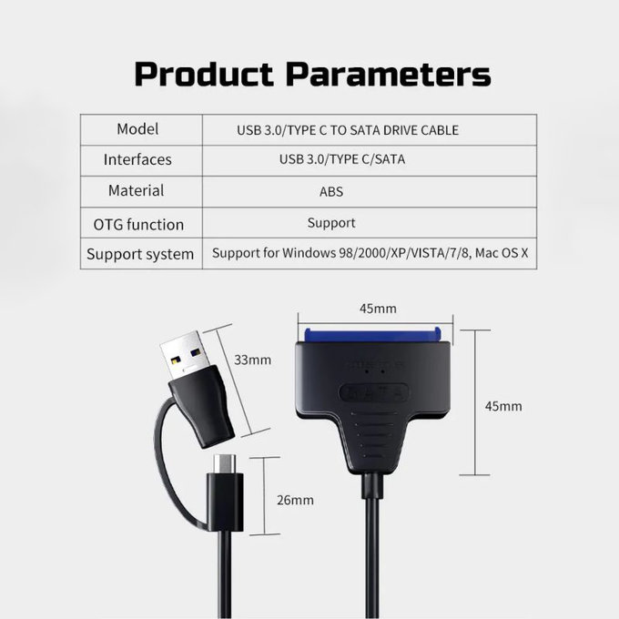 USB 3.0 / USB-C auf SATA Adapter für 2.5" und 3.5" HDD/SSD, mit Netzteil