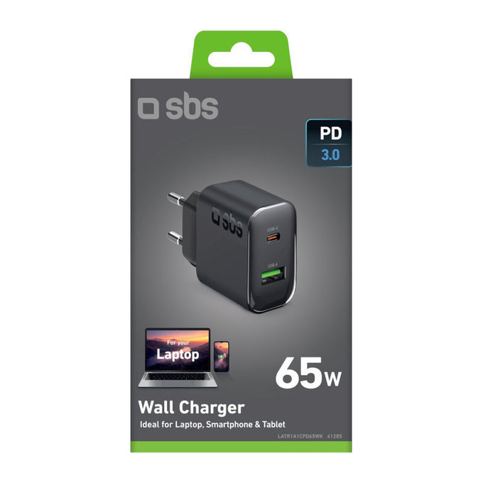 Reiseadapter USB-A/USB-C, GaN, 65 W PD, schwarz, SBS