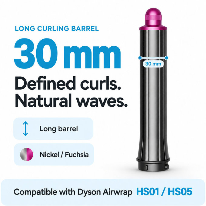 Langer Lockenaufsatz für Dyson Airwrap HS01, HS05, 30 mm, Nickel / Fuchsia