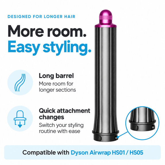 Langer Lockenaufsatz für Dyson Airwrap HS01, HS05, 30 mm, Nickel / Fuchsia