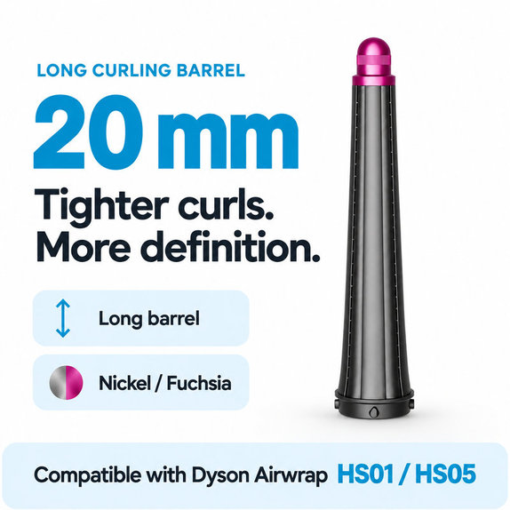 Langer Lockenaufsatz für Dyson Airwrap HS01, HS05, 20 mm, Nickel / Fuchsia