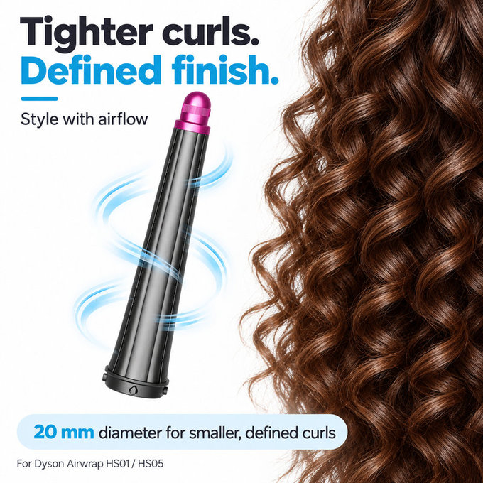 Langer Lockenaufsatz für Dyson Airwrap HS01, HS05, 20 mm, Nickel / Fuchsia