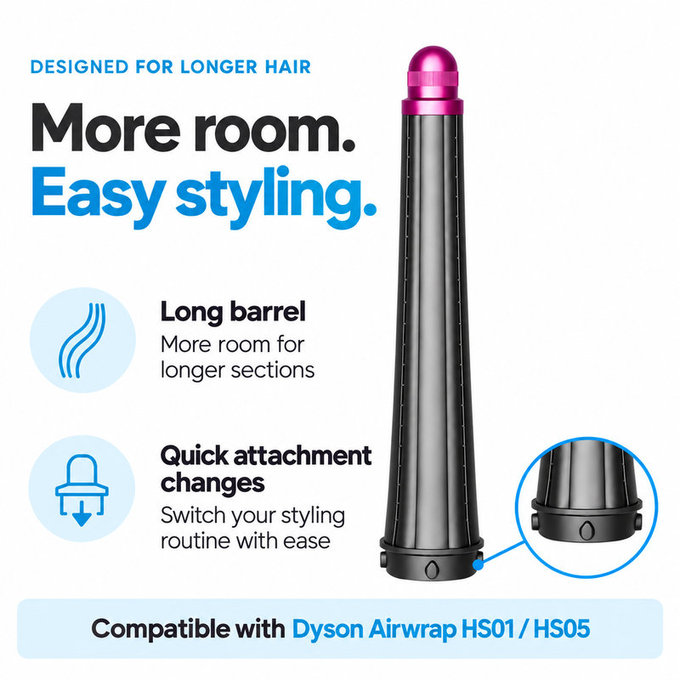 Langer Lockenaufsatz für Dyson Airwrap HS01, HS05, 20 mm, Nickel / Fuchsia