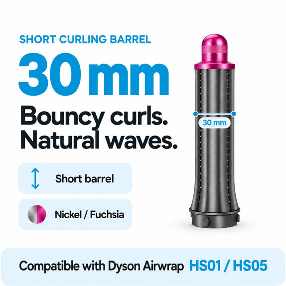 Kurzer Lockenaufsatz für Dyson Airwrap HS01, HS05, 30 mm, Nickel / Fuchsia