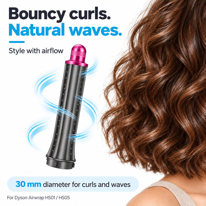 Kurzer Lockenaufsatz für Dyson Airwrap HS01, HS05, 30 mm, Nickel / Fuchsia