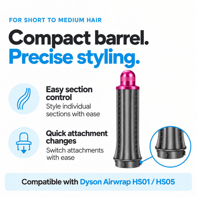 Kurzer Lockenaufsatz für Dyson Airwrap HS01, HS05, 30 mm, Nickel / Fuchsia