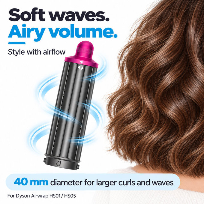 Kurzer Lockenaufsatz für Dyson Airwrap HS01, HS05, 40 mm, Nickel / Fuchsia