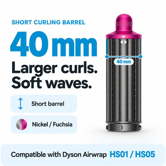 Kurzer Lockenaufsatz für Dyson Airwrap HS01, HS05, 40 mm, Nickel / Fuchsia