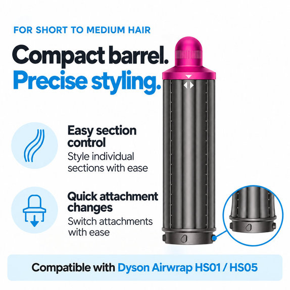Kurzer Lockenaufsatz für Dyson Airwrap HS01, HS05, 40 mm, Nickel / Fuchsia
