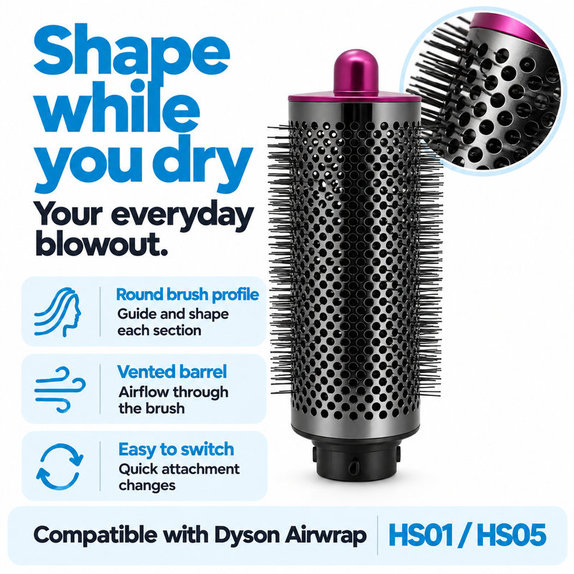 Große runde Volumenbürste für Dyson Airwrap HS01, HS05, Iron / Fuchsia