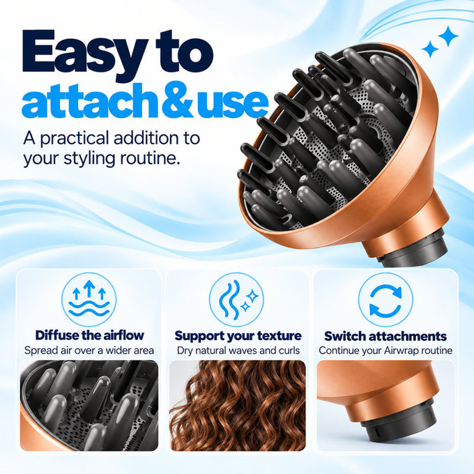 Wave + Curl Diffusor für Dyson Airwrap HS01, HS05, HS08, Copper
