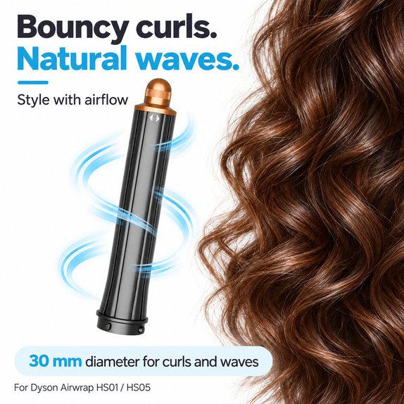 Langer Lockenaufsatz für Dyson Airwrap HS01, HS05, 30 mm, Nickel / Copper