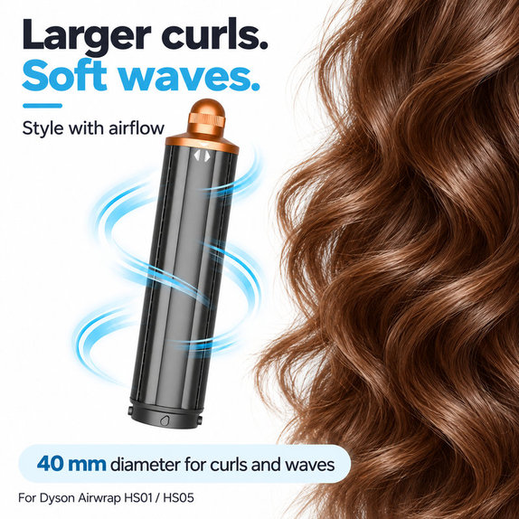 Langer Lockenaufsatz für Dyson Airwrap HS01, HS05, 40 mm, Nickel / Copper
