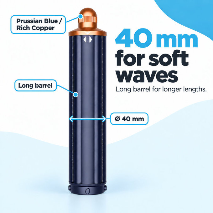 Langer Lockenaufsatz für Dyson Airwrap HS01, HS05, 40 mm, Prussian Blue / Rich Copper