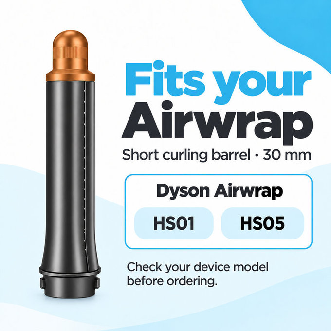 Kurzer Lockenaufsatz für Dyson Airwrap HS01, HS05, 30 mm, Nickel / Copper