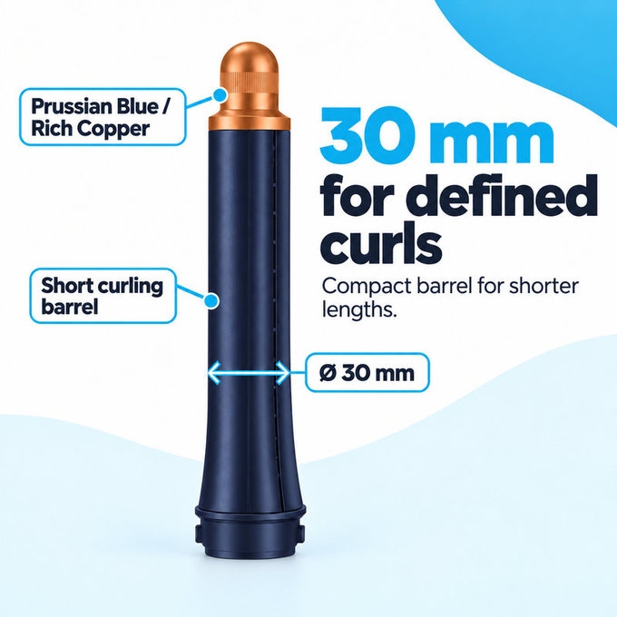 Kurzer Lockenaufsatz für Dyson Airwrap HS01, HS05, 30 mm, Prussian Blue / Rich Copper