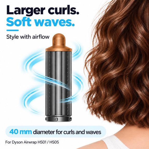 Kurzer Lockenaufsatz für Dyson Airwrap HS01, HS05, 40 mm, Nickel / Copper