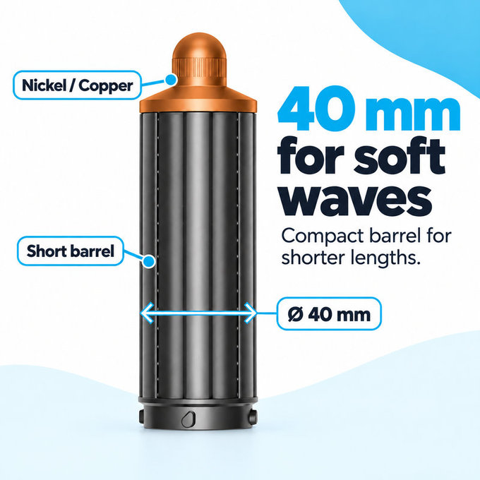 Kurzer Lockenaufsatz für Dyson Airwrap HS01, HS05, 40 mm, Nickel / Copper
