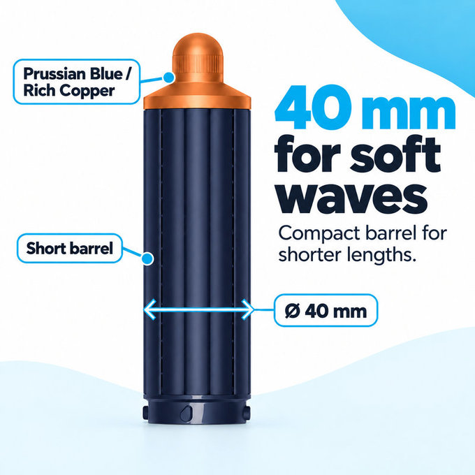 Kurzer Lockenaufsatz für Dyson Airwrap HS01, HS05, 40 mm, Prussian Blue / Rich Copper