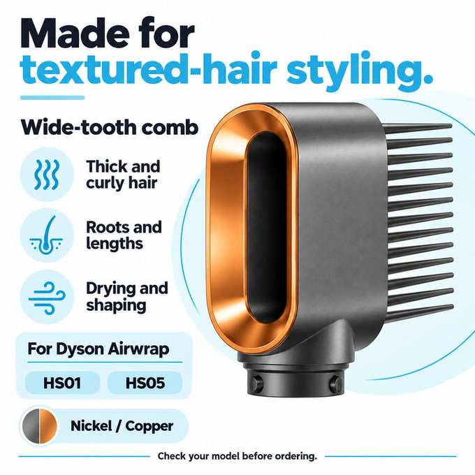 Kammaufsatz mit breiten Zacken für Dyson Airwrap HS01, HS05, Nickel / Copper