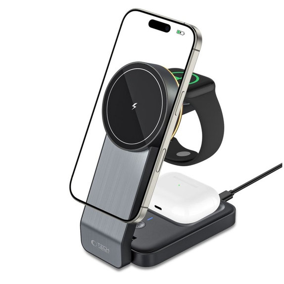 Kabelloses Ladegerät QI15W-A28 3IN1 Magnetic MagSafe, schwarz, Tech-Protect