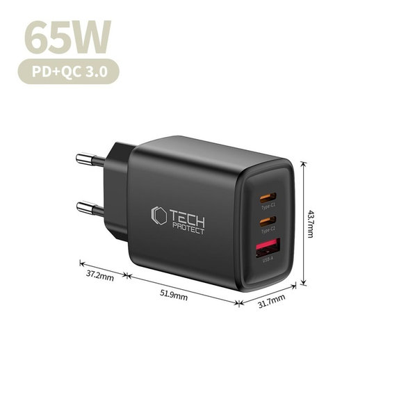 Netzladegerät NCA65W-GAN 3-PORT PD 65W / QC3.0, schwarz, Tech-Protect