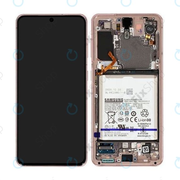 Samsung Galaxy S21 G991B - LCD Display + Touchscreen Front Glas + Rahmen + Akku Batterie (Phantom Violet) - GH82-24716B, GH82-24718B Genuine Service Pack