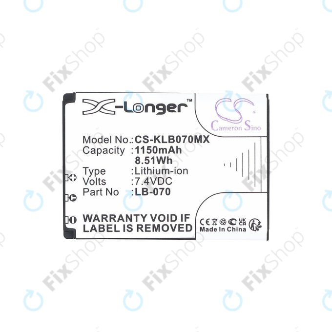 Batterie für Kodak PIXPRO S1, AZ651, AZ652, AZ901, 1150mAh, Li-Ion, 7.4V, LB-070, HQ