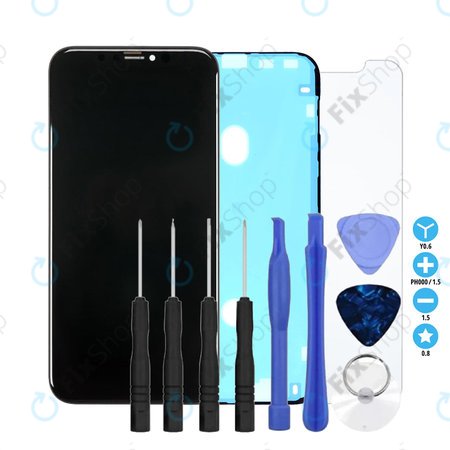 Apple iPhone XR - LCD Display + Touchscreen Front Glas + Rahmen In-Cell FixPremium + LCD Klebestreifen Sticker + Gehärtetes Glas + Werkzeugsatz - Multipack
