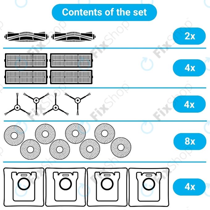 Ersatzteilset für Xiaomi Robot Vacuum 5, 5 Pro (2x Hauptbürste, 4x Filter, 4x Seitenbürste, 8x Wischtuch, 4x Staubbeutel)
