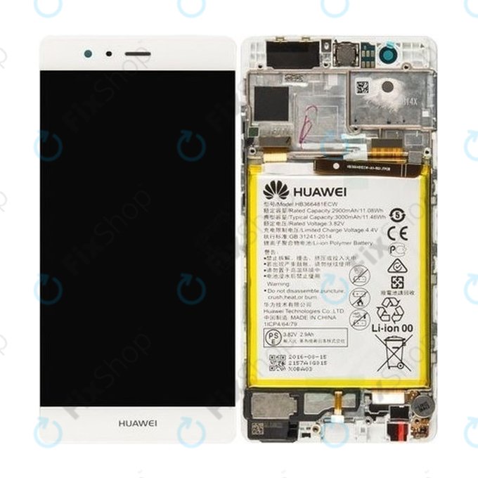 Huawei P9 - LCD Display + Touchscreen Front Glas + Rahmen + Akku Batterie (White) - 02350RRY, 02350RKF Genuine Service Pack