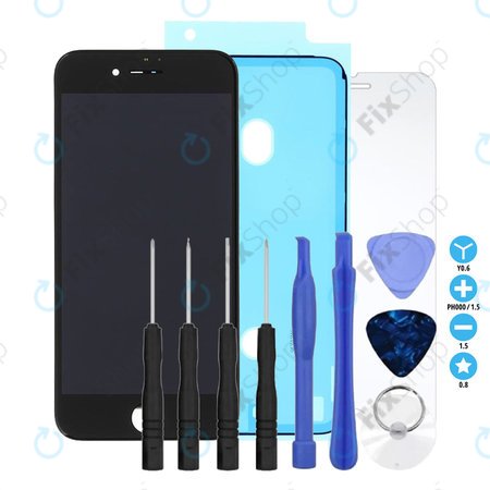 Apple iPhone 8, SE (2020), SE (2022) - LCD Display + Touchscreen Front Glas + Rahmen (Black) Refurbished + LCD Klebestreifen Sticker + Gehärtetes Glas + Werkzeugsatz - Multipack