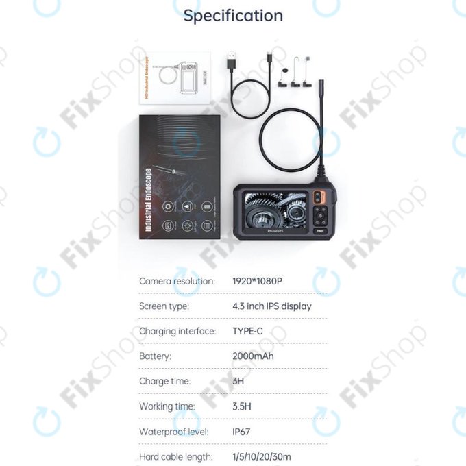 Industrielle Endoskopkamera mit 4,3" IPS-Display, 10m