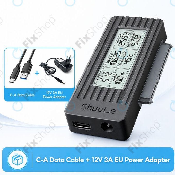 USB-C / USB 3.0 auf SATA Adapter für HDD/SSD mit Display, 12V/3A EU