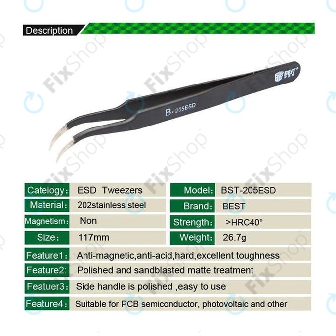 Best B-205ESD - ESD Metallpinzette mit gebogener Spitze (117mm)