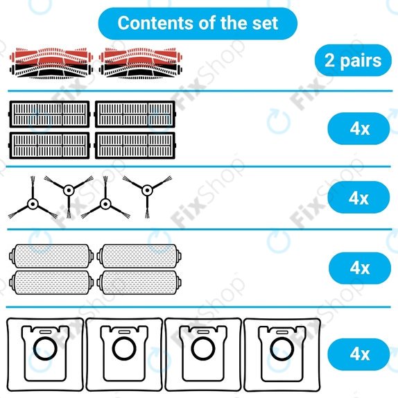 Ersatzteilset für Dreame Aqua 10, 10 Ultra (2 Paare Hauptbürsten, 4x Filter, 4x Seitenbürste, 4x Wischtuch, 4x Staubbeutel)