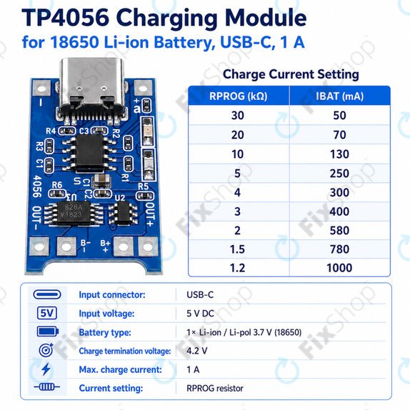 Lademodul TP4056 für 18650 Li-Ion-Akku, USB-C, 1A