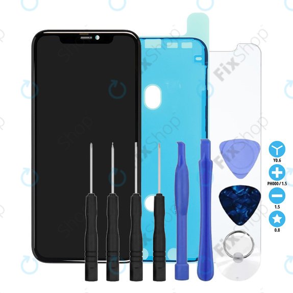 Apple iPhone 11 - LCD Display + Touchscreen Front Glas + Rahmen Refurbished + LCD Klebestreifen Sticker + Gehärtetes Glas + Werkzeugsatz - Multipack