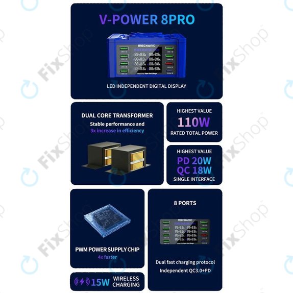 Mechanic V-Power 8 Pro - USB-Service-Ladestation mit USB-C, USB 3.0