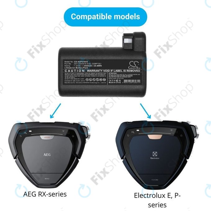 AEG RX-series, Electrolux E, P-series - Akku Batterie S91-0400410-SU2, OSBP72LI, OSBP72LI25 Li-Ion 7.2V 3400mAh HQ