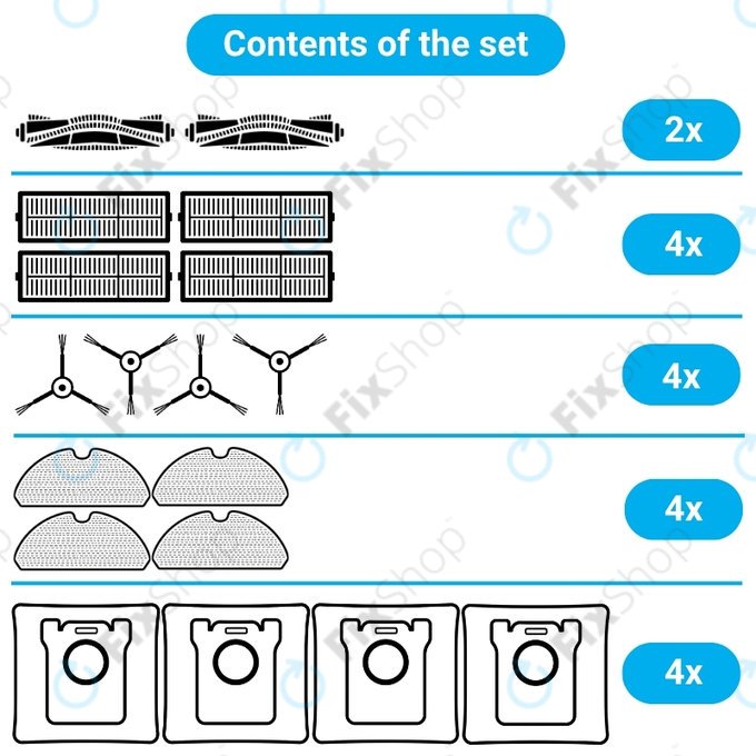 Ersatzteilset für Dreame Mova S10 (2x Hauptbürste, 4x Filter, 4x Seitenbürste, 4x Wischtuch)