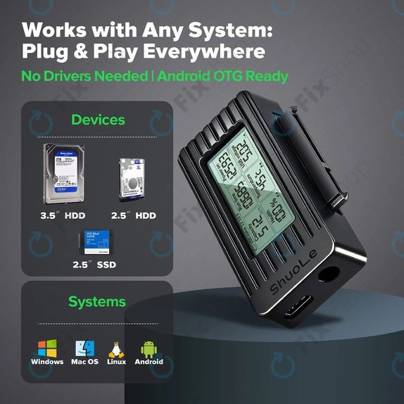 USB-C / USB 3.0 auf SATA Adapter für HDD/SSD mit Display, 12V/3A EU