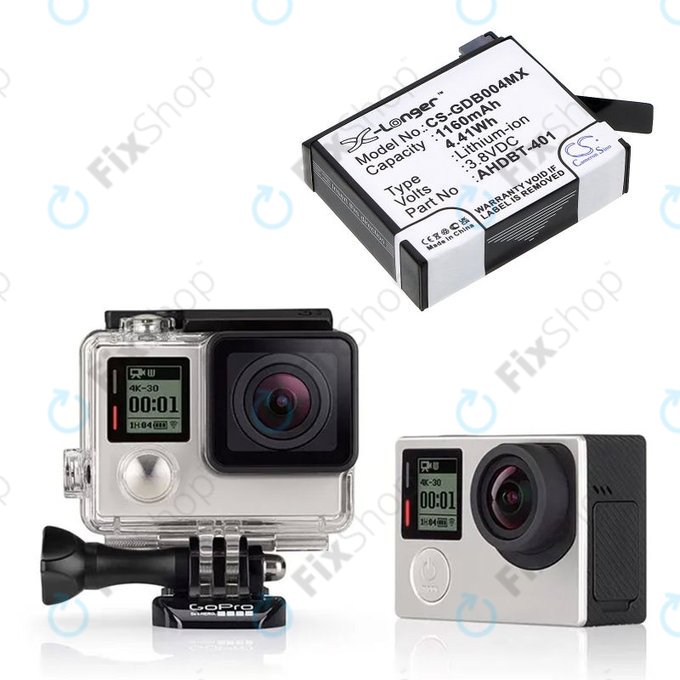 Akku batterie für GoPro Hero 4, 1160mAh, Li-Ion, 3.8V, AHDBT-401, HQ