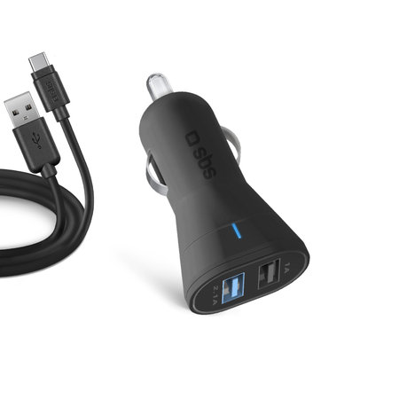 SBS - Auto-Ladegerät 2x USB + Kabel USB / USB-C, schwarz