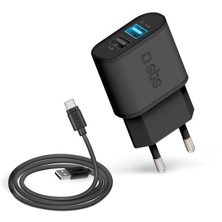 SBS - 10W Ladeadapter 2x USB + Kabel USB / USB-C, schwarz