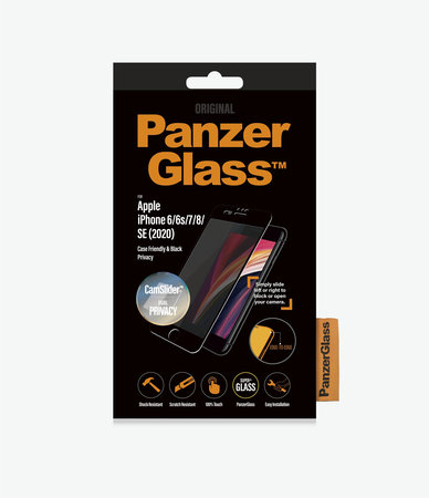 PanzerGlass - Gehärtetes Glas Privacy Case Friendly CamSlider für iPhone 6, 6s, 7, 8, SE 2020 und SE 2022, black